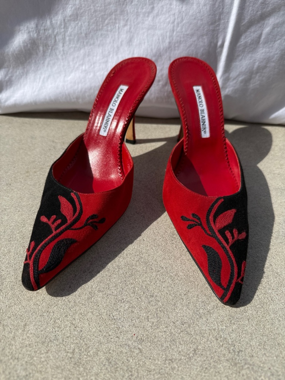 Manolo Blahnik Red and Black Embroidered Pointed-Toe Mules